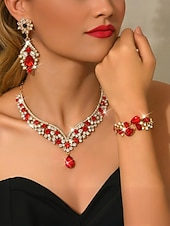 preiswerte Hochzeit ACC-Rotes Kristall-Halsketten-, Ohrring- und Armband-Set für Damen, goldfarbener Strass-Statement-Schmuck, eleganter Glamour-Stil für Partys &amp;Abendveranstaltungen