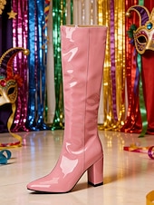 tanie Buty damskie-Wysokie botki z czerwonego lakierowanego syntetycznego materiału na obcasie blokowym – odważne i błyszczące obuwie na karnawał imprezy i uroczystości