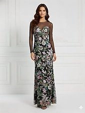  Tubino Colonna Lunghezza al pavimento Perline ricamate Abito Formale Abito da madre della sposa Abito da Sera Elegante Vintage Floreale Manica Lunga Scollo Illusione Matrimonio Formale Con Paillettes