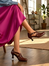 billige 1950-talls retro-Damesko i burgunderfarget skinn fra 1950-tallet – elegante Mary Jane-hæler med justerbar spenne for formelle arrangementer, fester og hverdagsbruk