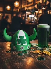 billige Tilbehør-Herrehatt i vikinghorn til St. Patricks dag – myk plysjhjelm av kløver, grønt kostymetilbehør til irske parader og fester &amp;festlige feiringer