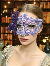billiga Tillbehör-Damernas Lila Spetssmetande Fjärilsmaske Mardi Gras Mask med Blomdetaljer - Elegant Venetiansk Karneval Kostymtillbehör för Fester  Bollar
