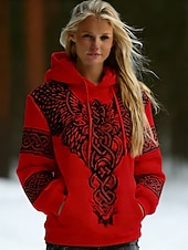 olcso Viking csúcsok-Női Pulóver Hoodie pulóver Nyomtatott Elülső zseb Grafika Mértani Szüret Alkalmi Boho Hosszú ujj Kapucni Normál felsők Utca Hétköznapi Medence Fehér Sárga Rubin Ősz Tél