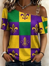 levne Dámské Mardi Gras Oblečení-Mardi Gras Dámské Tričko Grafika Tropický vzhled Havajské stylové Krátký rukáv Asymetrický krk Crop Tops Svatba na pláži Denní Sport Bílá / černá Bílá Žlutá Světle zelená Fialová Léto Jaro