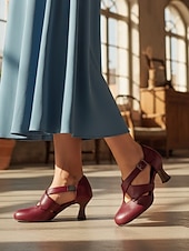 billige 1950-talls retro-Damesko i burgunderfarget skinn fra 1950-tallet – elegante Mary Jane-hæler med justerbar spenne for formelle arrangementer, fester og hverdagsbruk