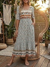 preiswerte Ethnisches Boho-Kleid-Damen Maxikleid Freizeitkleid Schwingkleid A Linie Kleid Boho-Kleid Lässig Täglich Herbstkleid Normale Passform Blumen Kurzarm V Ausschnitt Schwarz Rote Marineblau Königliches Blau Frühling Herbst