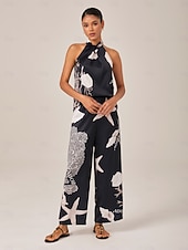abordables Trajes de blusa para mujer-Mujer Escote Cruzado Elegante Vacaciones Casual Perneras anchas Sin Mangas Negro S M L Verano Primavera