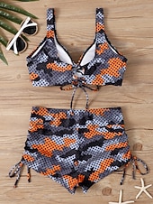 お買い得  ビキニセット-ウィメンズビキニ 2ピース水着 レオパード ショーツ スリム バックレス バケーション ビーチウェア カモ Vネック ノースリーブ 水着