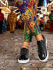 お買い得  女性の靴-ウィメンズ・マルディグラ・ゴールドグリッターのスパークリースニーカー、メタリックトーキャップ付き – カーニバル、ニューイヤーズイブ  カジュアルグラム用のブリングレースアップフラットシューズ