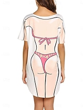 billiga Strandklänningar-Kvinnors simklänning baddräkt klänning semester strandkläder grafisk rund hals långärmad baddräkter