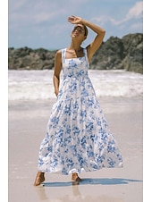 tanie Sukienki kwiatowe-Damskie Sukienka maxi Sukienka A line Sukienka na ramiączkach Urlop Codzienny Na zewnątrz Wyjściowe Luźna Kwiaty Graficzny Bez rękawów Cienkie ramiączka Niebieski Błękit nieba Pomarańczowy Zielony