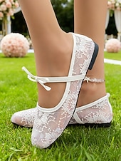 baratos noiva-Sapatilhas Mary Jane femininas em renda marfim com tira elástica, elegantes e confortáveis, perfeitas para noivas e convidadas em casamentos e eventos ao ar livre. &amp;cerimônias no gramado