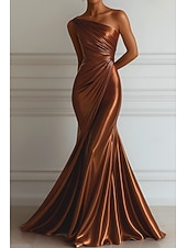 abordables Vestidos de Noche Sirena-Corte Trompeta Sirena Hasta el Suelo Vestidos de noche Elegante Sin Mangas Un Hombro Boda Formal Vestido rosa Satén elástico con Plisado