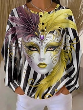 cheap Women's Carnival-Carnival Women's Pullover Sweatshirt Graphic Striped Abstract Warm Classic Casual Long Sleeve Crew Neck Regular Tops Casual Street Dailywear Buttons Print Blue Yellow Pink Purple Green Spring