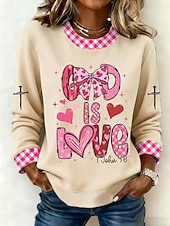 baratos Arte &amp; Design Tops-Mulheres Moletons Imprimir Coração Gráfico Moda Casual Manga Longa Gola Redonda Tops regulares Rua Dia a Dia Branco Rosa Bege Primavera Outono Faith