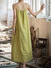 cheap Premium Linen Collection-Women's Midi Dress Cotton Linen Dresses Shift Dress Sundress Slip Dress Vintage Fashion Daily Outdoor Vacation Loose Fit Plain Sleeveless Straps Blue Teal White Yellow Summer Spring