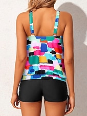 billiga Tankinis-Kvinnors Tankini 3-delad baddräkt Shorts Magekontroll Hög midja Slim Backless Semester Strandkläder Grafik Geometrisk U-hals Ärmlös Badkläder