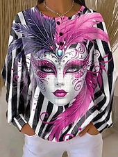 cheap Women's Carnival-Carnival Women's Pullover Sweatshirt Graphic Striped Abstract Warm Classic Casual Long Sleeve Crew Neck Regular Tops Casual Street Dailywear Buttons Print Blue Yellow Pink Purple Green Spring