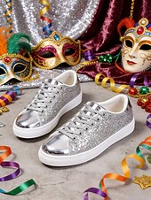 お買い得  女性の靴-ウィメンズ・マルディグラ・ゴールドグリッターのスパークリースニーカー、メタリックトーキャップ付き – カーニバル、ニューイヤーズイブ  カジュアルグラム用のブリングレースアップフラットシューズ