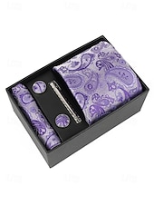 preiswerte Hochzeit ACC-Geschenkset für Herren aus Polyester mit Paisley-Muster: Krawatte, Manschettenknöpfe, Einstecktuch und Krawattenklammer – perfekt für Hochzeiten und als Geschenk.