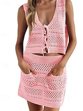 お買い得  ビーチドレス-女性用 スイムウェア 2ピース スカート 水着 切り抜き ニット 旅行度假风 ビーチウェア 平織り Ｖネック ノースリーブ 水着