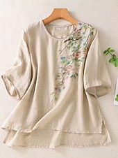 billige Enkle bluser-Dame T skjorte Trykt mønster Blomstret Mote Moderne Fritid Kortermet Crew-hals Vanlige topper Daglig Helg Hvit Lilla Kakifarget Sommer Vår