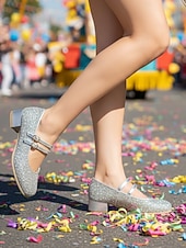 preiswerte Frauen Schuhe-Damen Mardi Gras Glitzer Mary Jane Schuhe – Funkelnde Doppelriemen Niedrigblockabsätze festliche Karnevalsparty-Fußbekleidung für Umzugsteilnehmer Tänzerinnen und Feier-Outfits