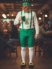 halpa Pyhän Patrikin päivä-Miesten Pyhän Patrickin päivän menninkäisen 8-osainen asusetti – vihreä hattu, parta, henkselit, rusetti, hanskat, kaulakoru &amp;juhlavia asusteita