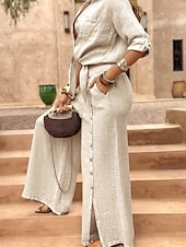 billige Blusedresser for kvinner-Dame Buksesett Bolero topp Langermet Skjortekrage Helfarge Mote Gatemote Avslappet Daglig utendørs Hvit Mørkegrønn Brun Sommer Løstsittende