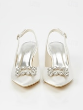tanie Panna młoda-białe ślubne buty na obcasie typu slingback dla panny młodej – eleganckie buty ślubne ze spiczastym noskiem i klamrą z kryształkami