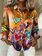 cheap Valentine's Day Tops-Women's Shirt Heart Graphic Vintage Stylish Modern Long Sleeve Shirt Collar Regular Tops Daily Holiday Blue Yellow Purple Green Spring Winter