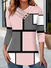 levne Tričko s pruhy a geometrickým vzorem-Dámské Tričko Knoflíky Tisk Grafika Geometrický Barevné bloky Vinobraní stylové Klasické Dlouhý rukáv Do V Běžné topy Denní Víkend Vodní modrá Světlá růžová Khaki Jaro Podzim Zima