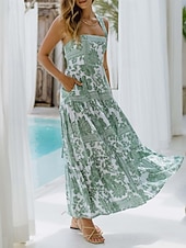 tanie Sukienki kwiatowe-Damskie Sukienka maxi Sukienka A line Sukienka na ramiączkach Urlop Codzienny Na zewnątrz Wyjściowe Luźna Kwiaty Graficzny Bez rękawów Cienkie ramiączka Niebieski Błękit nieba Pomarańczowy Zielony