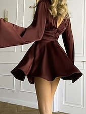 halpa Yksinkertainen mekko-Naisten Mini mekko Satiini mekko Tanssiaispuku Juhlamekko Coctail-asu Muoti Moderni Iltajuhlat Juhla Cocktailjuhla Normaali Tavallinen Pitkähihainen V kaula-aukko Musta Ruskea Apila Harmaa Kevät Syksy