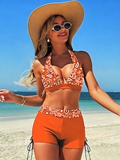 tanie Zestawy bikini-Dwuczęściowy strój kąpielowy dla kobiet bikini z wysokim stanem bez pleców wakacyjna odzież plażowa grafika paisley dekolt w kształcie litery V bez rękawów