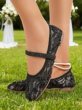 baratos noiva-Sapatilhas Mary Jane femininas em renda marfim com tira elástica, elegantes e confortáveis, perfeitas para noivas e convidadas em casamentos e eventos ao ar livre. &amp;cerimônias no gramado