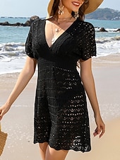 Χαμηλού Κόστους Φορέματα παραλίας-Γυναικείο κάλυμμα μαγιό φόρεμα Cut Out διακοπών παρα beachwear μονόχρωμο V λαιμό κοντά μανίκια