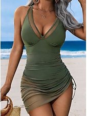 cheap Swimdresses-Women's Swimwear One Piece Monokini Swimsuit Mesh Backless Tummy Control High Waist Slim Vacation Beach Wear Solid Color V Neck Sleeveless Bathing Suits