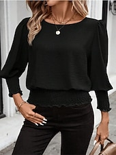 economico Bluse Eleganti-Per donna Blusa Top Eleganti Arricciato Patchwork Tinta unica Semplice Elegante Vintage Signore Manica Lunga Girocollo Top Regolari Quotidiano Lavoro Uscire Blu Nero Bianco Rosa Verde Estate Primavera