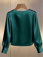 baratos Tops e partes de baixo de dormir para mulher-Mulheres Blusa Tops elegantes Franzido Patchwork Com Miçangas Côr Sólida Tecido Elegante senhoras à moda Manga Longa Gola Redonda Tops regulares Diário Trabalho Para Noite Preto Branco Verde Damasco
