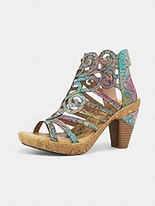 preiswerte Absatzsandalen-Bunte Damen-Sandalen aus Rindsleder mit lasergeschnittenem Blockabsatz und Klettverschluss im Boho-Gladiator-Stil für Gartenpartys, Festivals und besondere Anlässe.