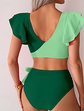 Χαμηλού Κόστους Σετ μπικίνι-Γυναικεία Μαγιό 2 κομμάτι Προκλητικό Μαγιό Σουρωτά Κουρελού Εξώπλατο Διακοπές Ρούχα παραλίας Συνδυασμός Χρωμάτων Λαιμόκοψη V Αμάνικο Μαγιό