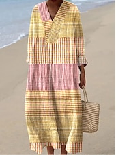 abordables Vestidos a Rayas y Geométricos-Mujer Vestido maxi Vestido de cambio Vestido de verano Vacaciones Casual Playa Noche Holgado Graphic Geométrico Abstracto Manga Larga Escote en Pico Amarillo Verano Primavera