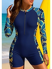 baratos Rash Guards de Uma Peça-Mulheres Normal Anti Atrito Roupa de banho Boyleg Tropical Zip Up Bojo Removível Zíper Frontal Proteção Solar UV UPF50+ Ultra Leve (UL) Manga Longa Roupa de Banho Anti Atrito Surfe Praia Esportes