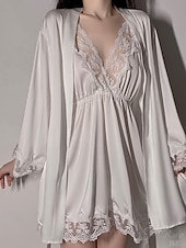 abordables Combinaisons pour femmes-Femmes Robe Chemise de Nuit Ensemble Pyjama Occasionnel Doux Satin Couleur Unie Dentelle Robes Quotidien Maison Lit manche longue Bretelles Noir Blanche Rose Claire Vin Marron Été Coupe régulière