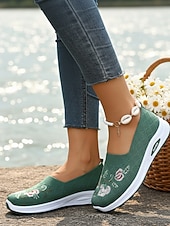 Χαμηλού Κόστους Γυναικεία Sneakers-Γυναικεία πράσινα slip-on αθλητικά παπούτσια με κέντημα λουλουδιών – αναπνεύσιμα πλεκτά παπούτσια για περπάτημα σε εξωτερικούς χώρους, ταξίδια και θηλασμό