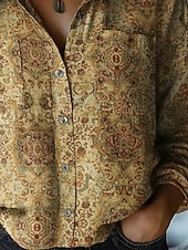 preiswerte Boho Tops-Damen Hemd Boho-Hemd Knöpfe Druck Blumen Vintage Stilvoll Ethnisch Langarm Hemdkragen Normale Oberteile Täglich Ferien Ausgehen Wein Khaki Frühling Herbst