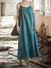 cheap Premium Linen Collection-Women's Midi Dress Cotton Linen Dresses Shift Dress Sundress Slip Dress Vintage Fashion Daily Outdoor Vacation Loose Fit Plain Sleeveless Straps Blue Teal White Yellow Summer Spring