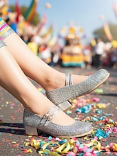 preiswerte Frauen Schuhe-Damen Mardi Gras Glitzer Mary Jane Schuhe – Funkelnde Doppelriemen Niedrigblockabsätze festliche Karnevalsparty-Fußbekleidung für Umzugsteilnehmer Tänzerinnen und Feier-Outfits