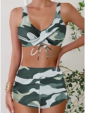 お買い得  ビキニセット-ウィメンズビキニ 2ピース水着 レオパード ショーツ スリム バックレス バケーション ビーチウェア カモ Vネック ノースリーブ 水着